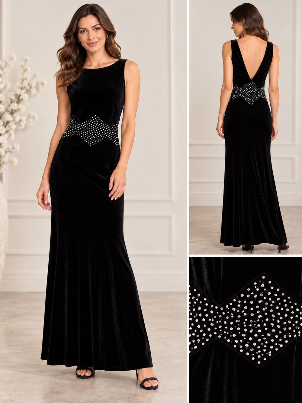 Joseph Ribkoff Black Velvet Maxi Gown with Crystal Waist Size 4 Cocktail